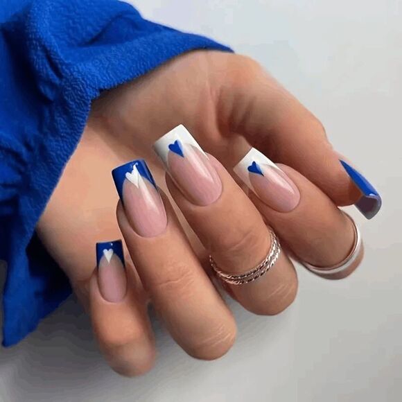 False Nails 24PC Medium Natural Blue White heart Square French Tip Press on nail - Picture 1 of 7